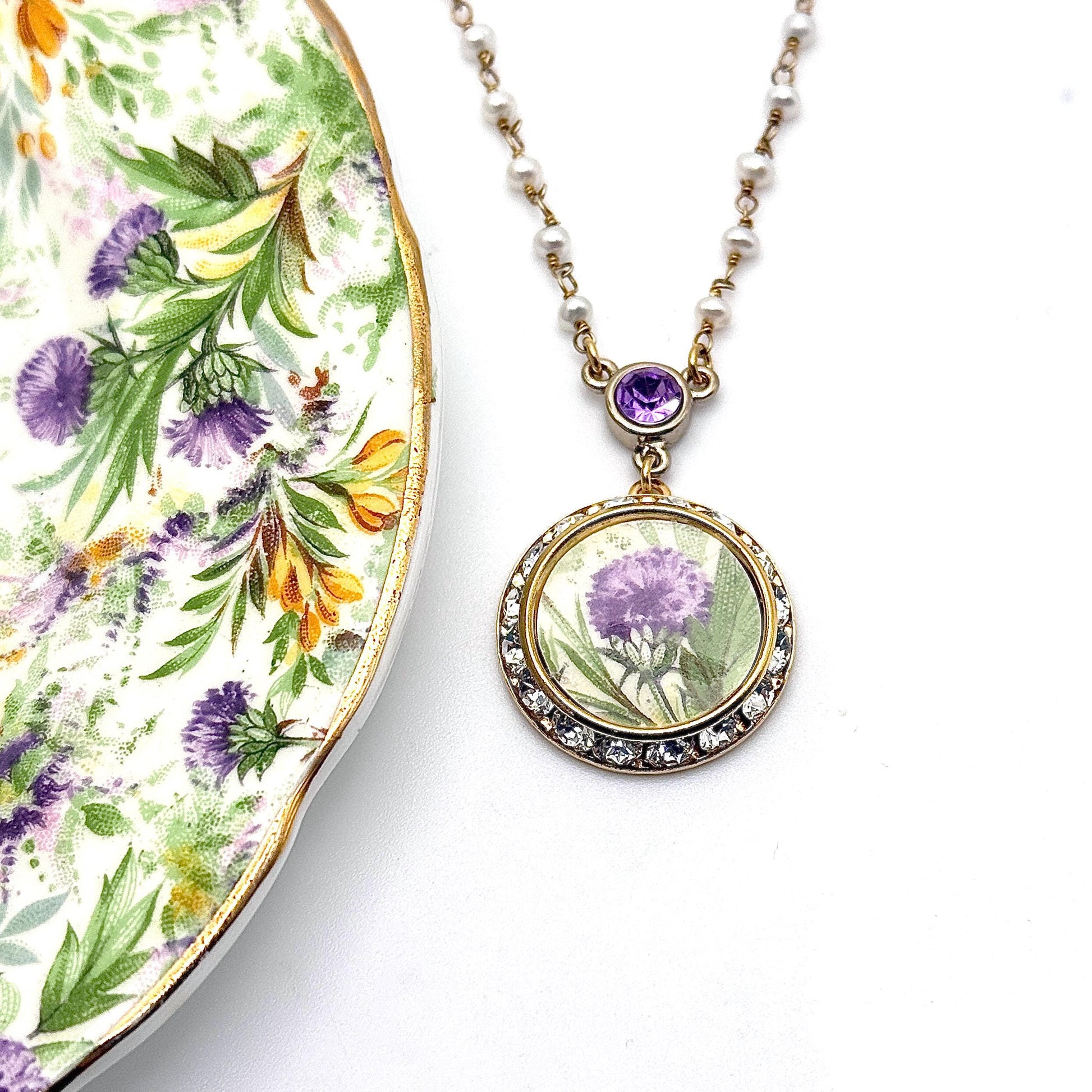 Pearl and Crystal and Scottish Thistle Purple Necklace, Celtic Broken China Jewelry, Scotland Flower