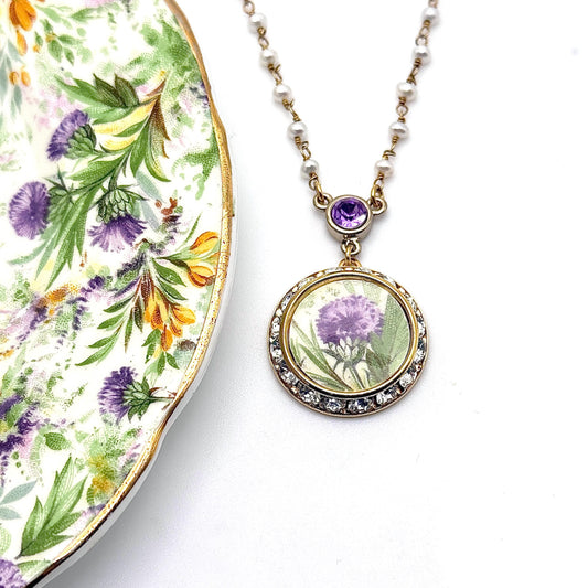 Pearl and Crystal and Scottish Thistle Purple Necklace, Celtic Broken China Jewelry, Scotland Flower