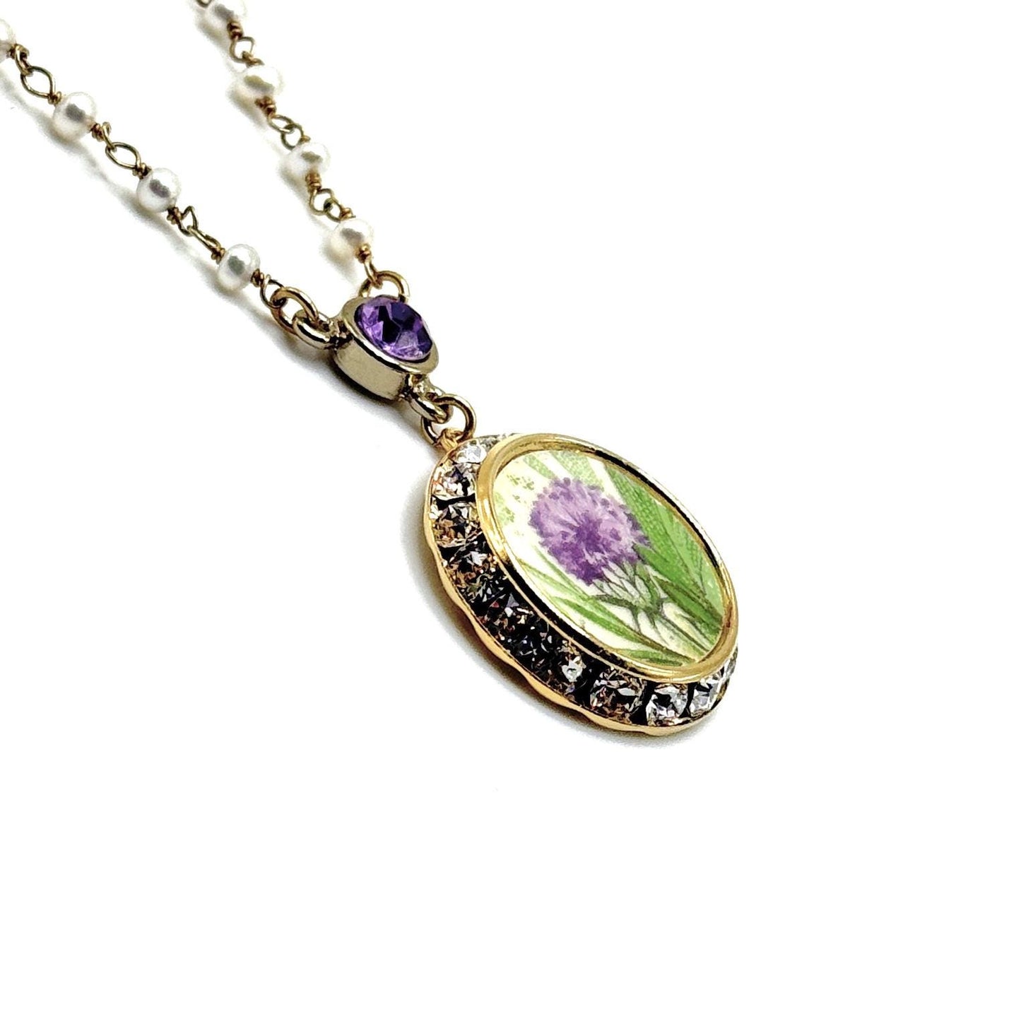 Pearl and Crystal and Scottish Thistle Purple Necklace, Celtic Broken China Jewelry, Scotland Flower