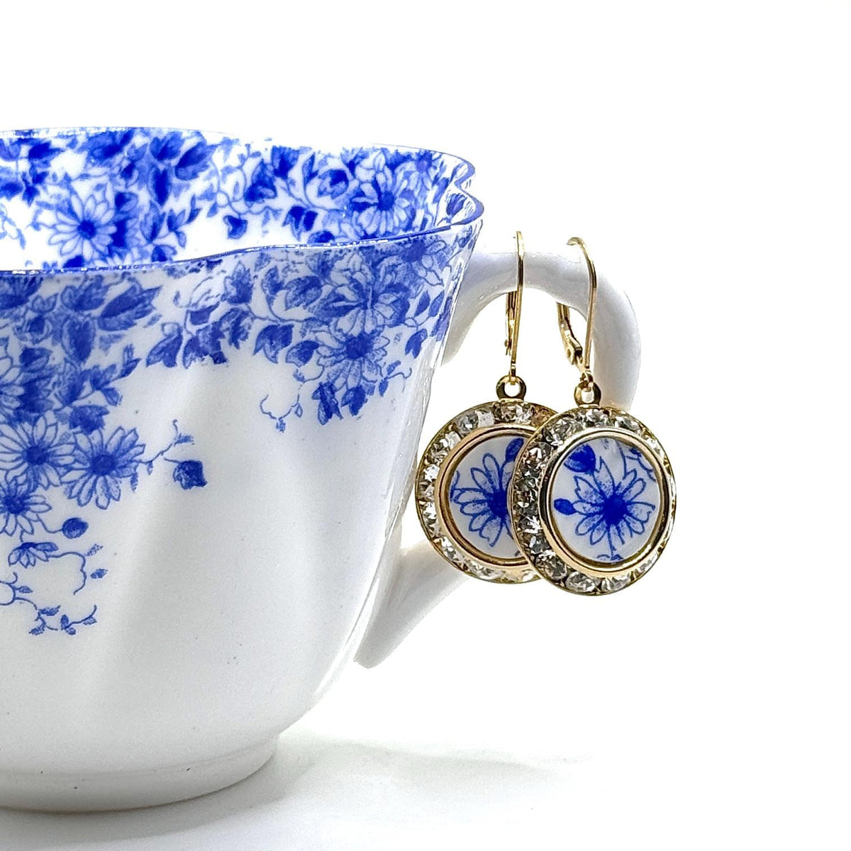 20th Anniversary Gift for Wife, Shelley Dainty Blue China Pattern, Gold Daisy Broken China Jewelry Earrings, Blue and White