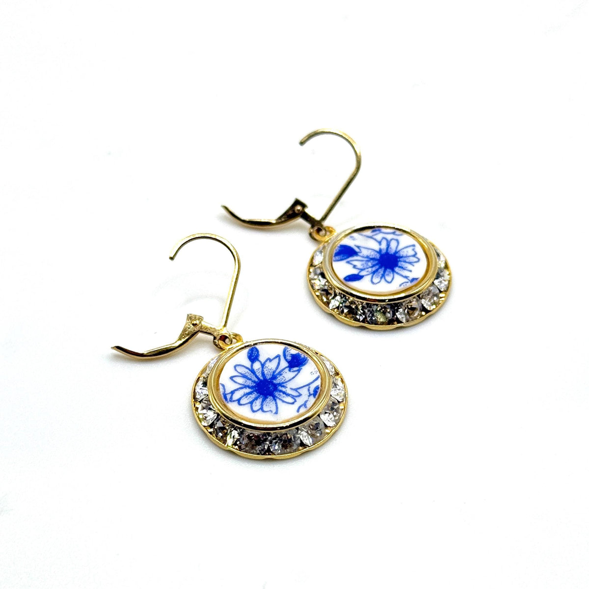 20th Anniversary Gift for Wife, Shelley Dainty Blue China Pattern, Gold Daisy Broken China Jewelry Earrings, Blue and White