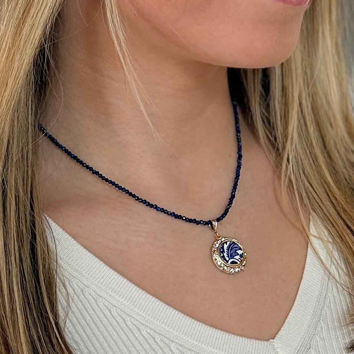 Dainty Lapis Lazuli Gold Crystal Necklace, 1940s Vintage American Blue Willow China, MCM Jewelry