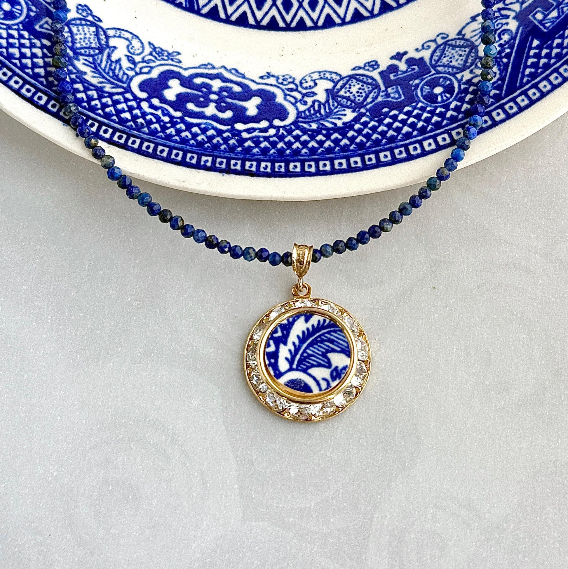 Dainty Lapis Lazuli Gold Crystal Necklace, 1940s Vintage American Blue Willow China, MCM Jewelry