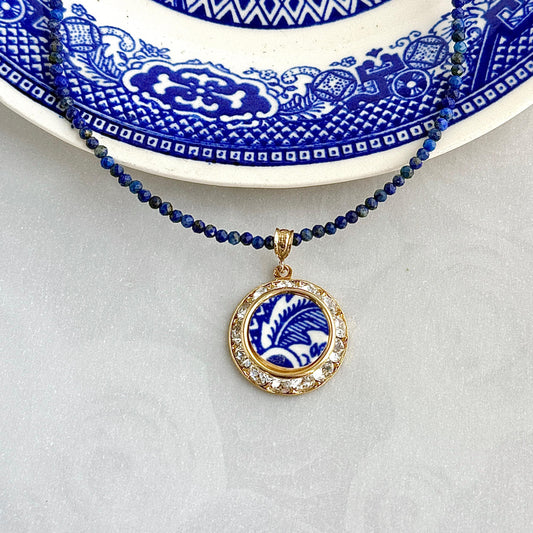 Dainty Lapis Lazuli Gold Crystal Necklace, 1940s Vintage American Blue Willow China, MCM Jewelry