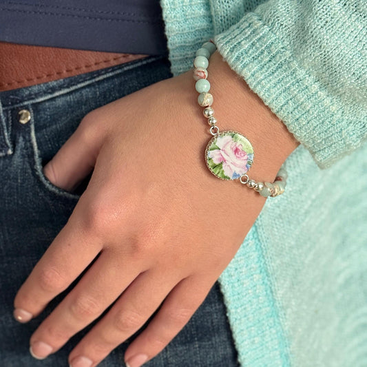 Antique Porcelain Pink Rose Charm Bracelet, Romantic 18th Wedding Anniversary Gifts, Amazonite Jewelry