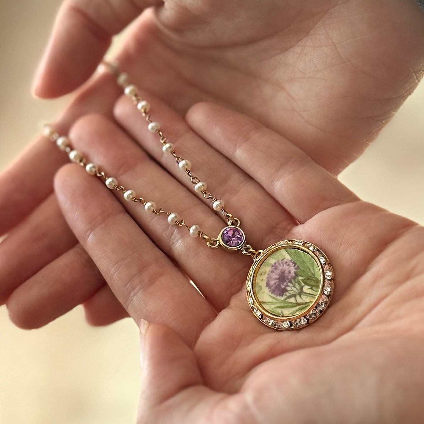 Pearl and Crystal and Scottish Thistle Purple Necklace, Celtic Broken China Jewelry, Scotland Flower