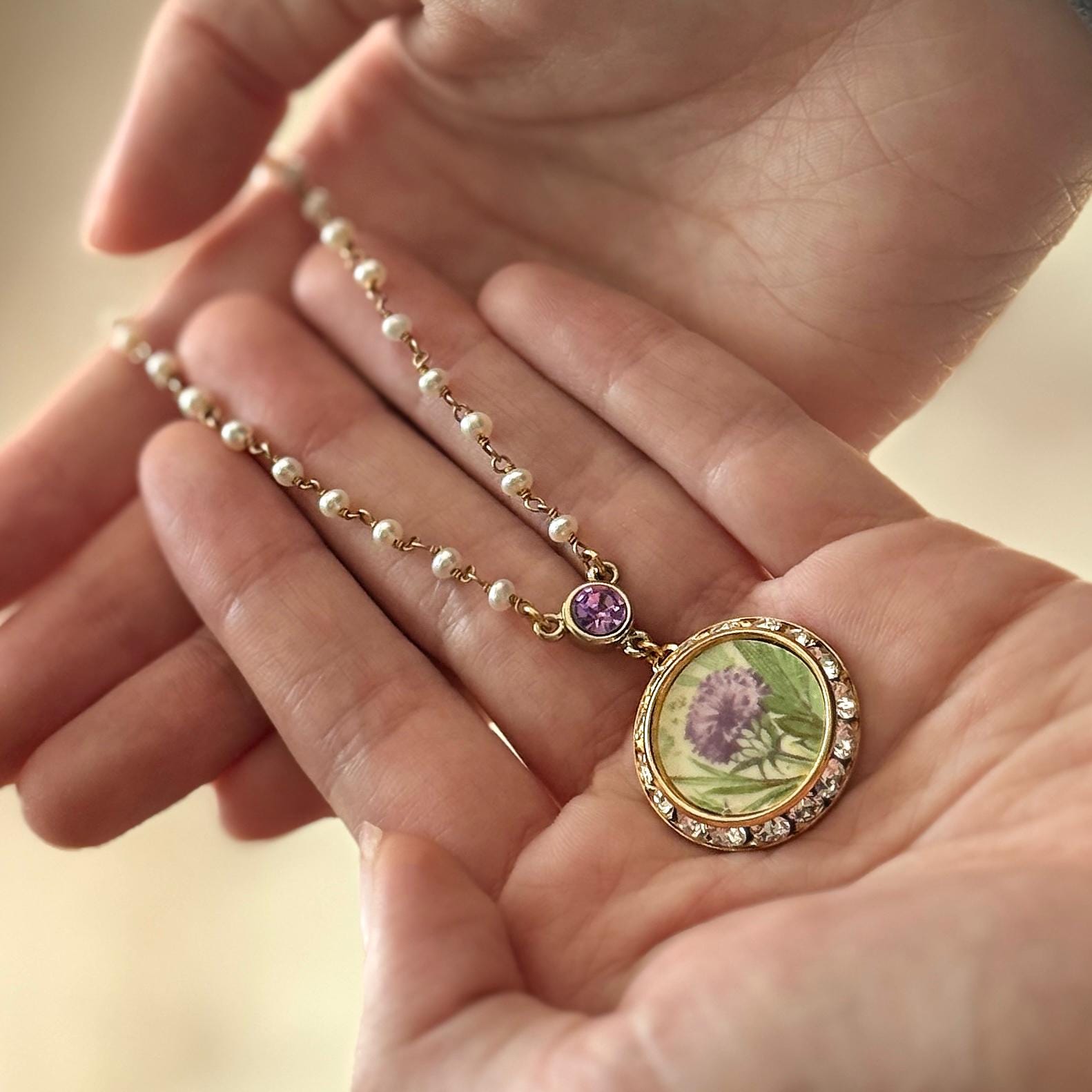 Pearl and Crystal and Scottish Thistle Purple Necklace, Celtic Broken China Jewelry, Scotland Flower