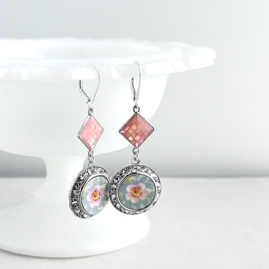 One-of-a-Kind 20th Anniversary Gift for Wife, Cottagecore Crystal Flower Earrings, Broken China Jewelry, Gold Filled Lever Back Earwires