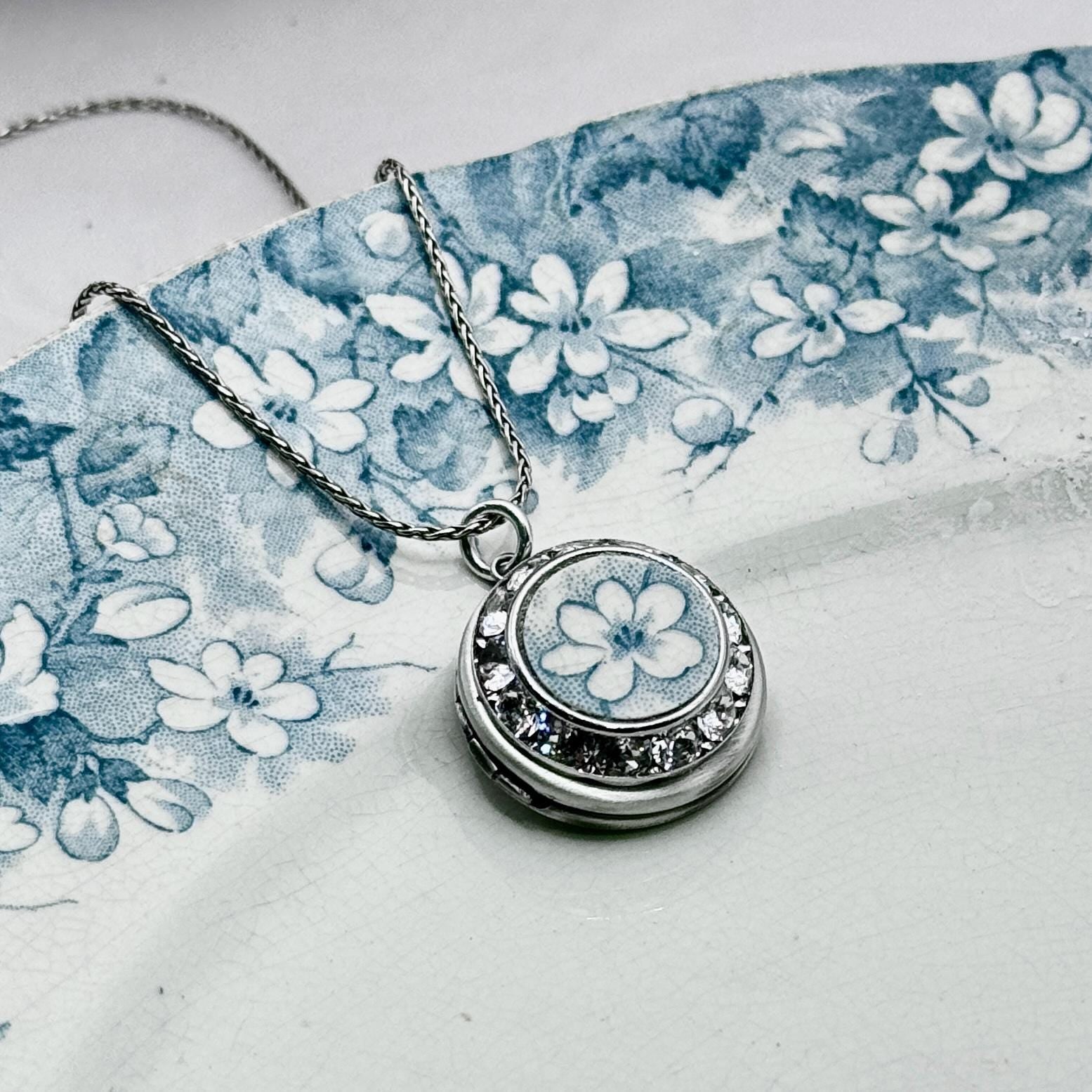 Antique Transferware Photo Locket Necklace, 20th Wedding Anniversary China Gifts for Wife, Valentines Day Jewelry Gift for Her