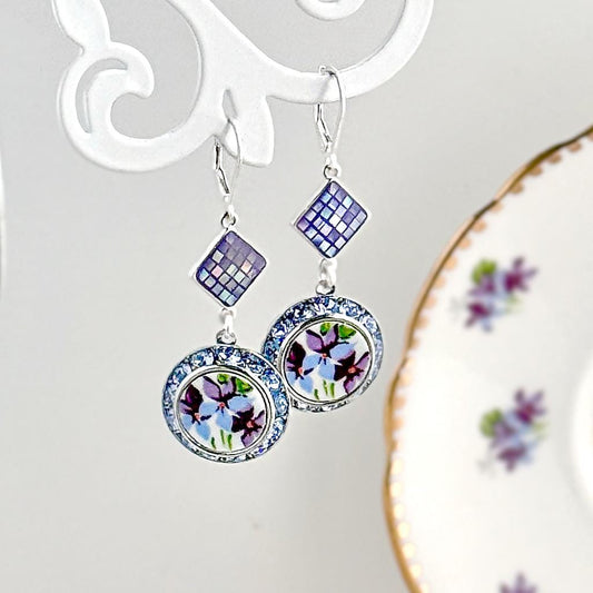 20th Anniversary Gift for Wife, Gold Crystal Earrings, Violets Broken China Jewelry, Gold Filled Hinged Lever Back Earwires