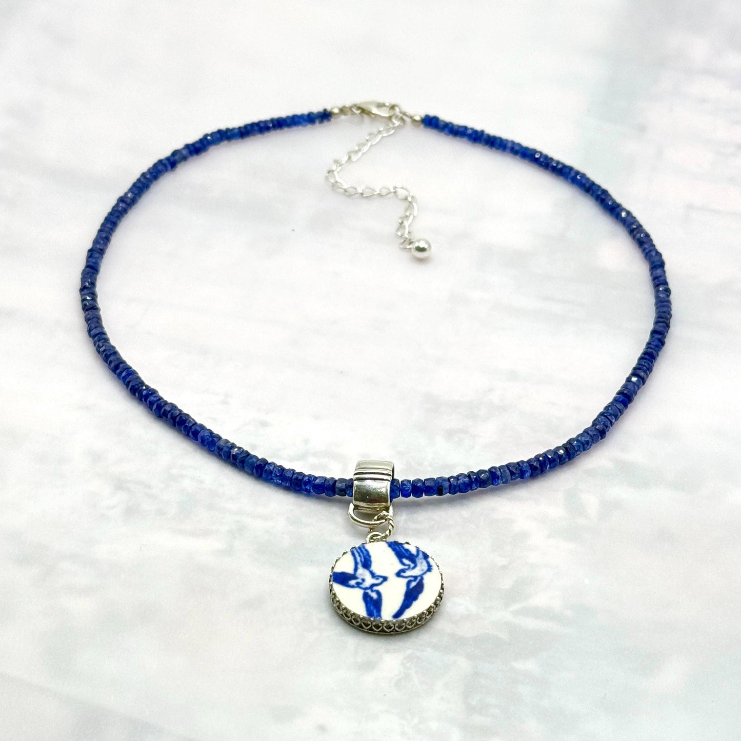 Sapphire 20th Wedding Anniversary Gift for Wife, Love Birds Blue Willow China Necklace, Broken China Jewelry