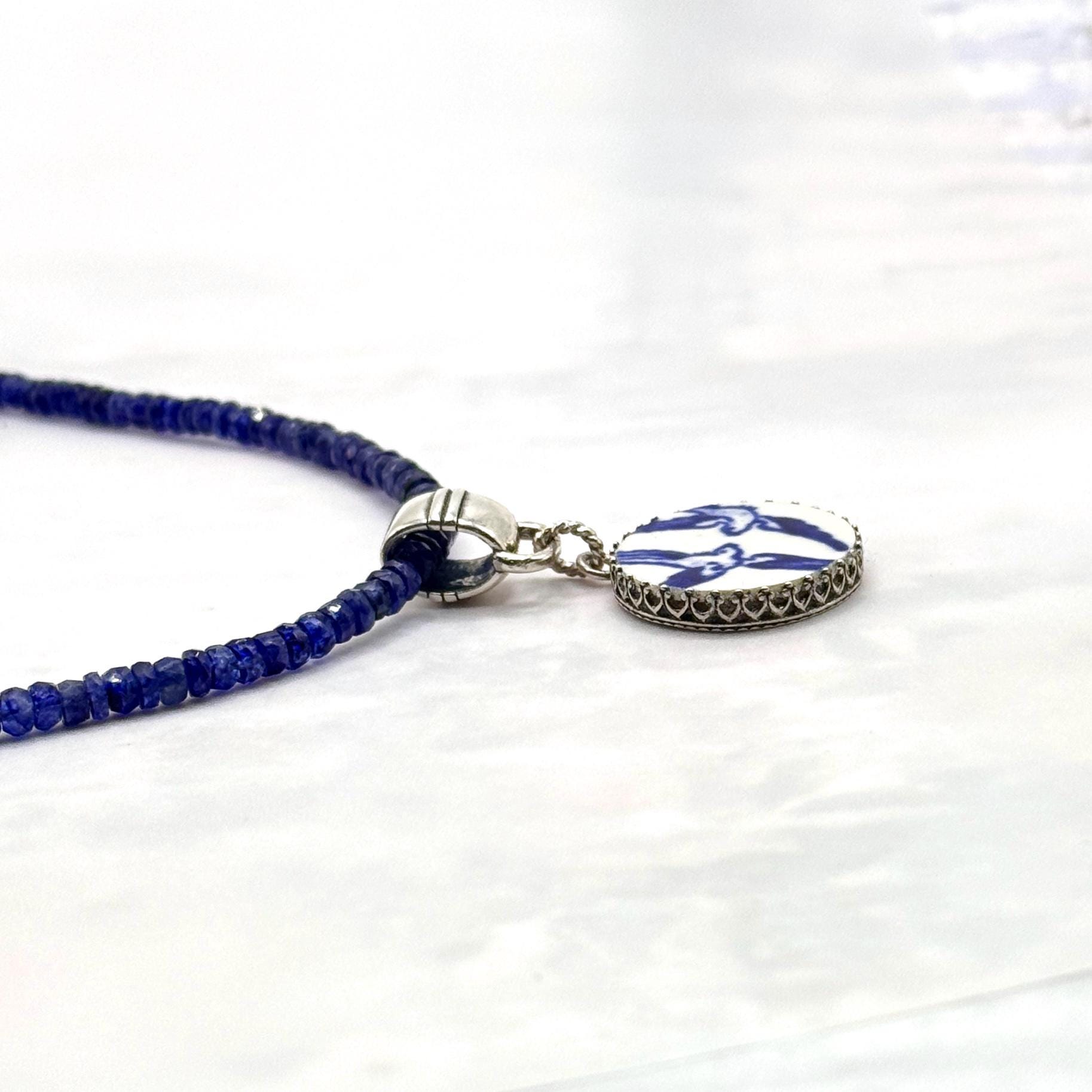 Sapphire 20th Wedding Anniversary Gift for Wife, Love Birds Blue Willow China Necklace, Broken China Jewelry