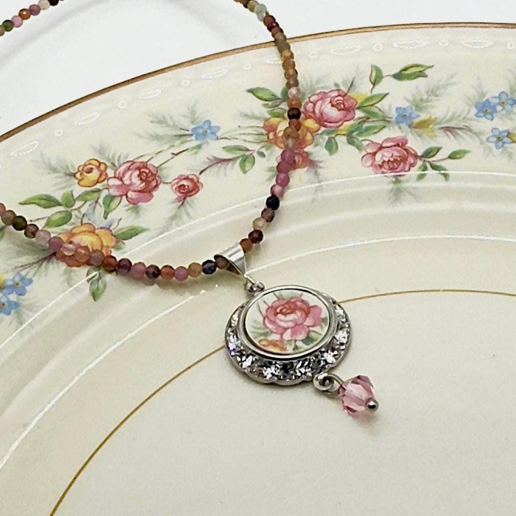 One-of-a-Kind Dainty Tourmaline Necklace, Vintage Broken China Jewelry, Pink Rose Crystal Necklace, Gifts for Love and Friendship