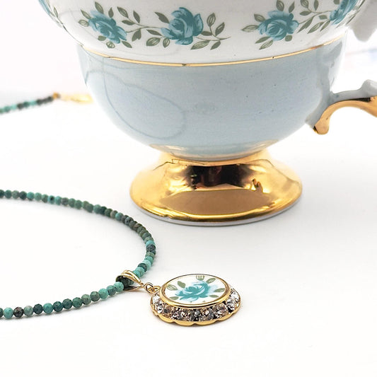 Dainty Turquoise Necklace, Aqua Blue Rose Crystal Necklace, Vintage Broken China Jewelry, Gold Crystal Necklace