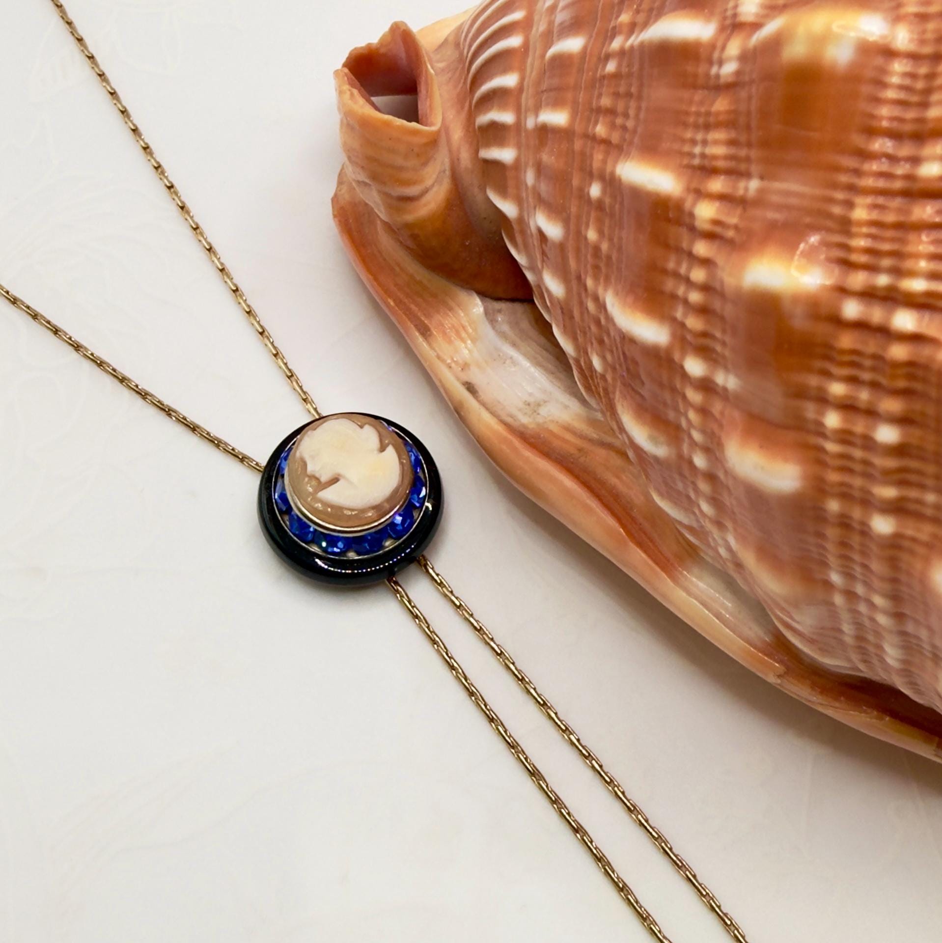 One-of-a-Kind Long Gold Cameo Necklace, Vintage Onyx & Shell Came Adjustable Blue Crystal Necklace, Italian Cameo Jewelry