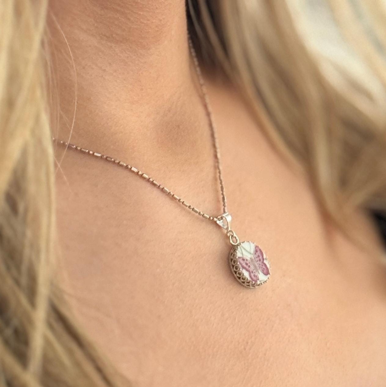 Dainty Sterling Silver Butterfly Necklace, 18th Anniversary Gifts for Wife, Porcelain Jewelry