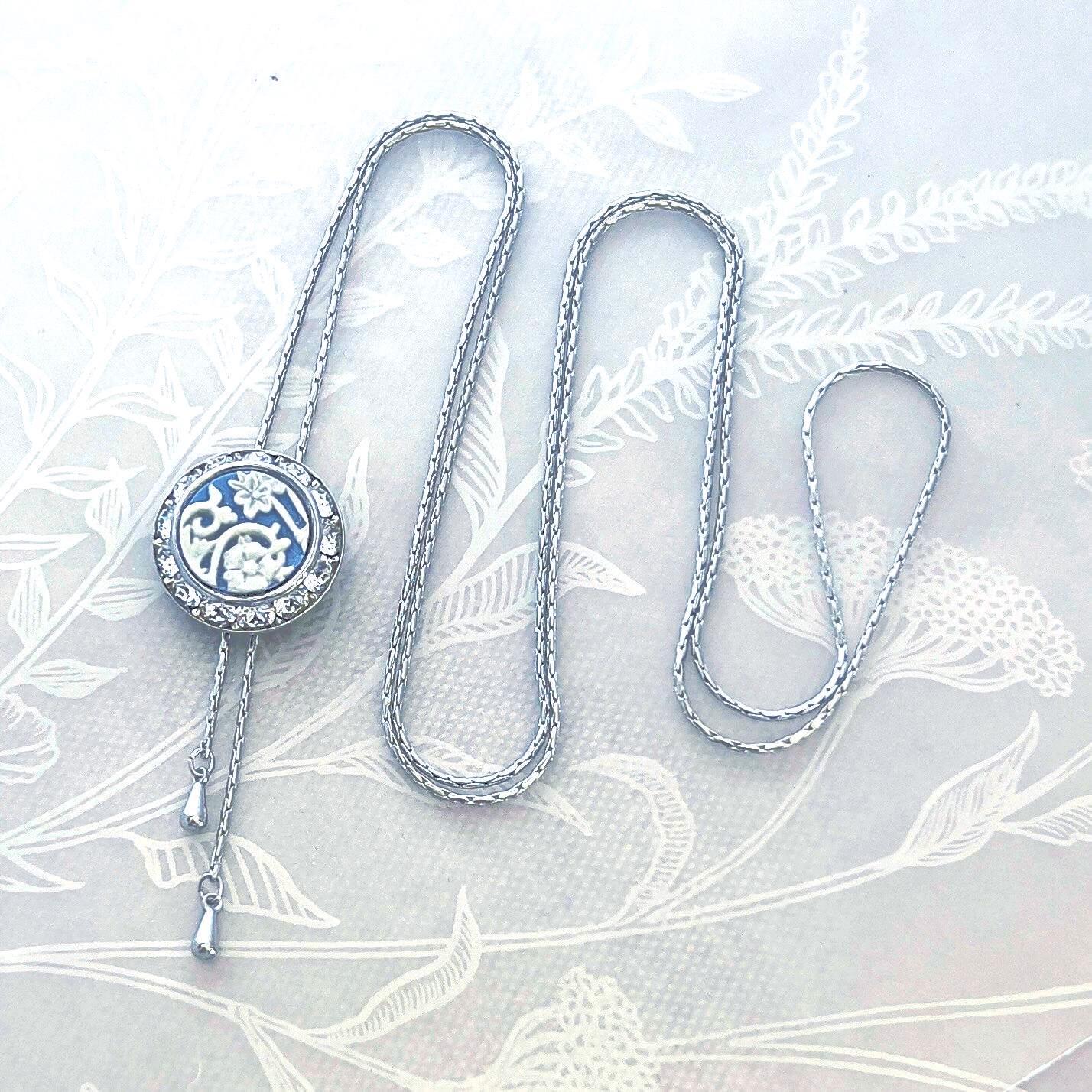 Adjustable Wedgwood Jasperware Necklace, Broken China Jewelry, Long Crystal Lariat, Unique Gifts for Her