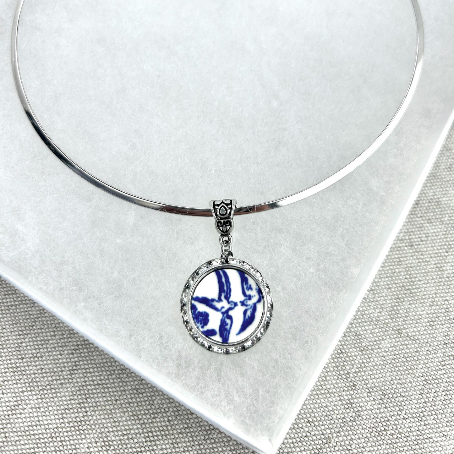 Crystal Choker Necklace, Blue Willow Love Birds Broken China Jewelry, Vintage Style