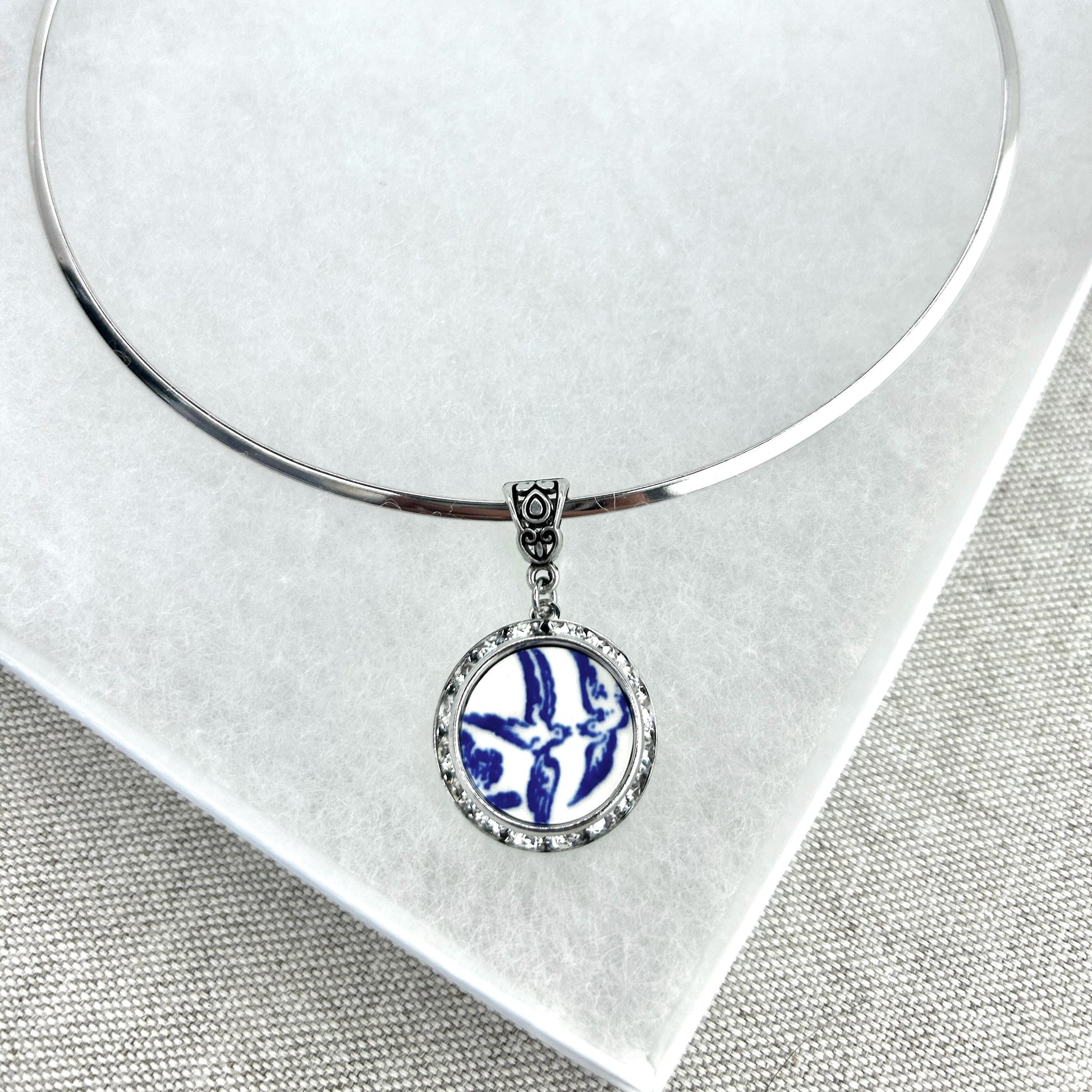 Crystal Choker Necklace, Blue Willow Love Birds Broken China Jewelry, Vintage Style