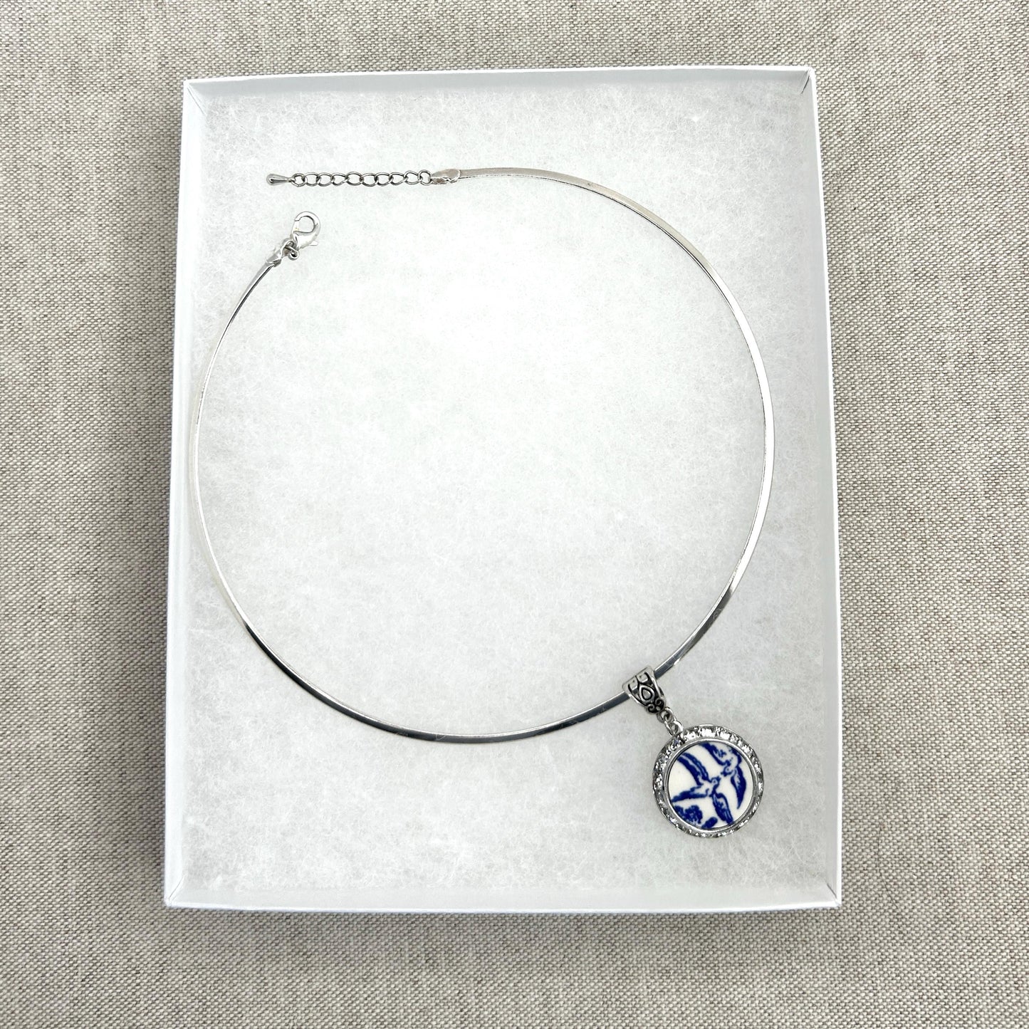 Crystal Choker Necklace, Blue Willow Love Birds Broken China Jewelry, Vintage Style
