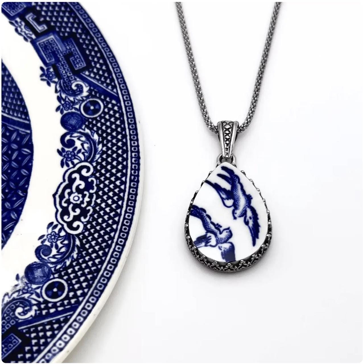 Sterling Silver Love Birds China Necklace, Broken China Jewelry, 20th Anniversary Gift for Wife, Blue Willow Ware Vintage China Jewelry