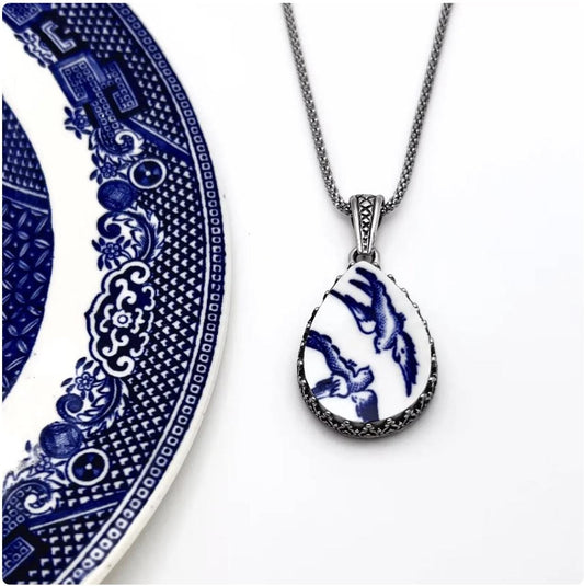 Sterling Silver Love Birds China Necklace, Broken China Jewelry, 20th Anniversary Gift for Wife, Blue Willow Ware Vintage China Jewelry