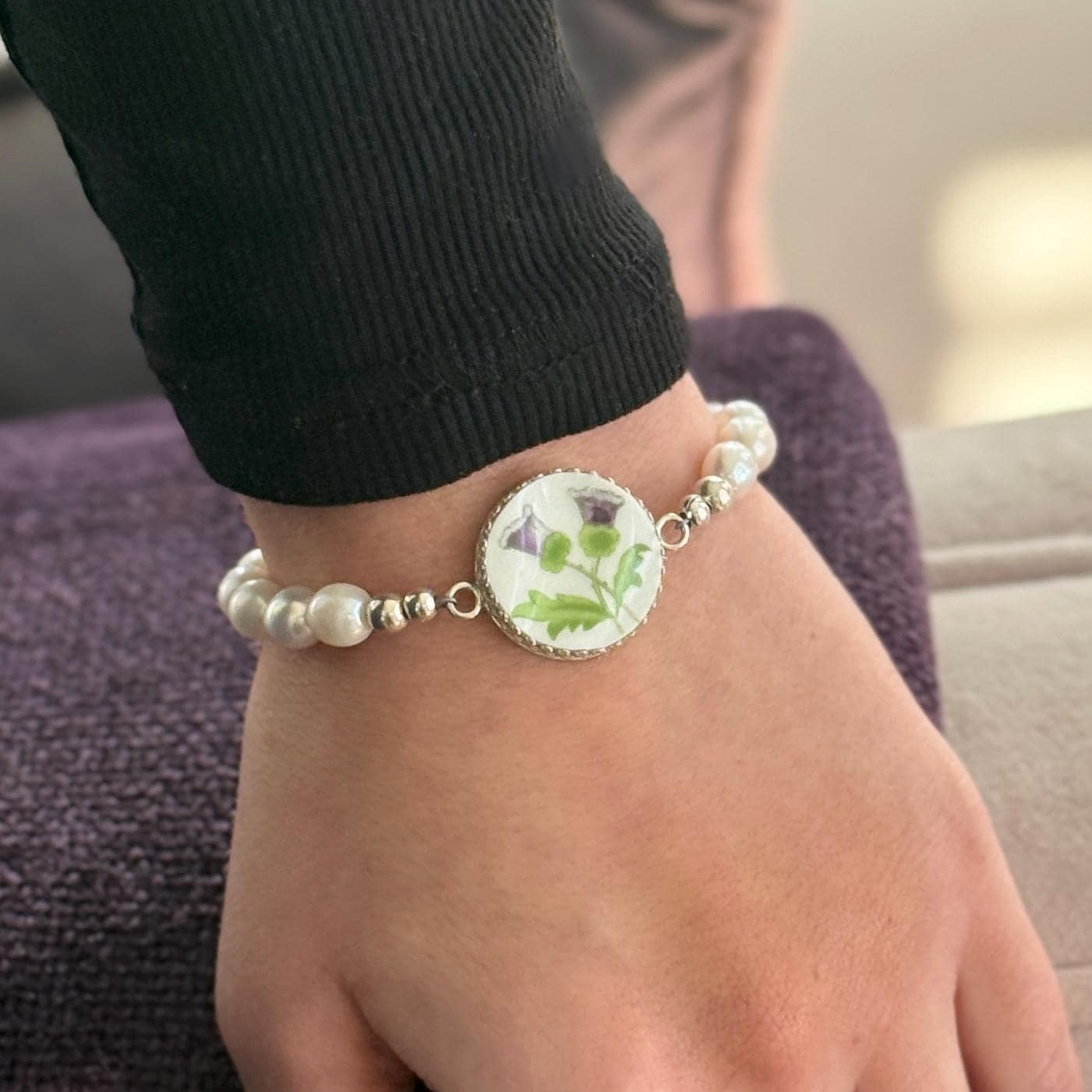Purple Thistle Pearl Bracelet, Celtic Jewelry, Scottish Wedding, Gifts for Her, Aynsley China