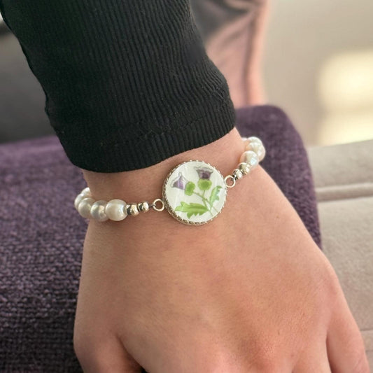 Purple Thistle Pearl Bracelet, Celtic Jewelry, Scottish Wedding, Gifts for Her, Aynsley China