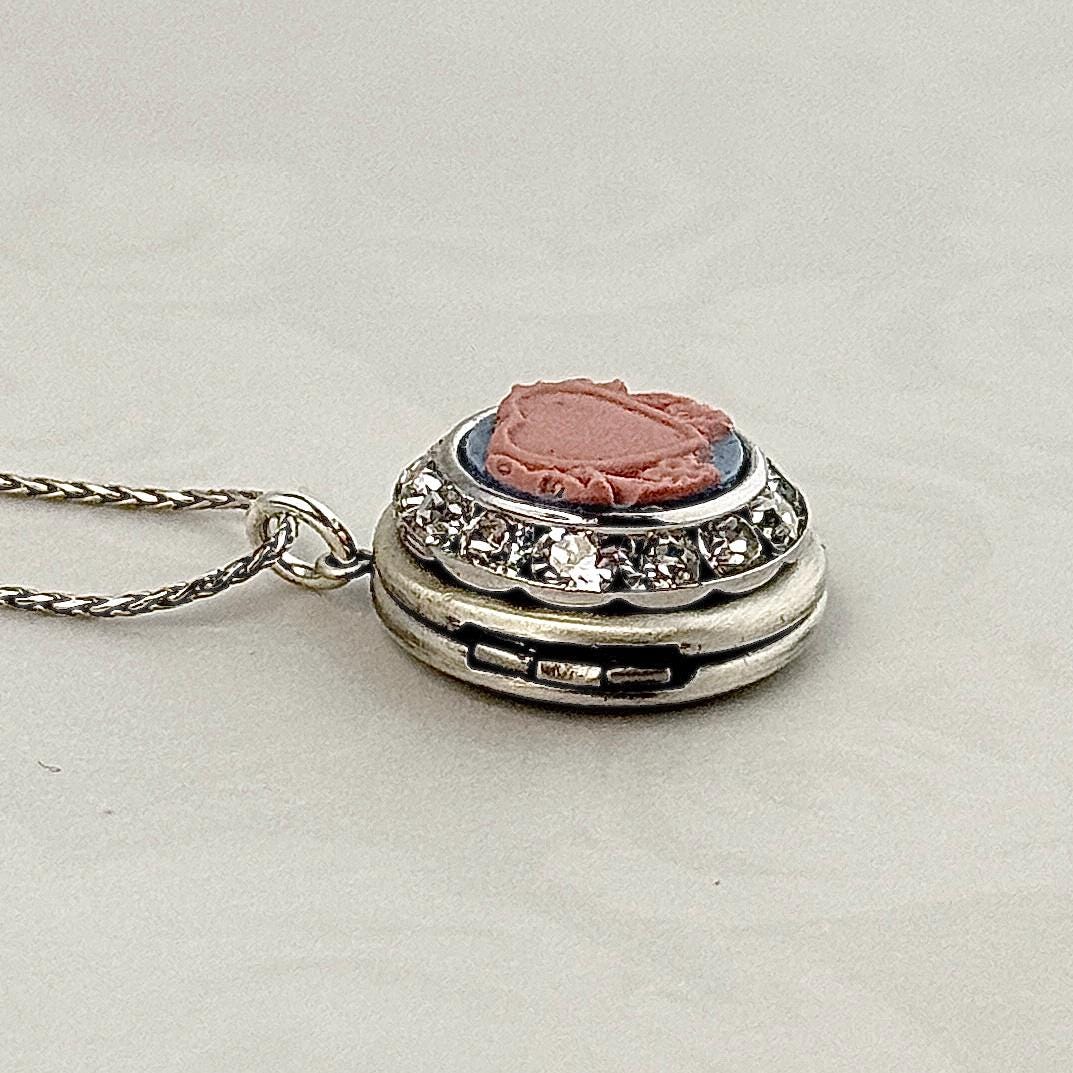 Victorian Valentines Day Heart Locket Necklace, Vintage Blue and Pink Wedgwood Jasperware, Wedding Anniversary Gifts for Wife