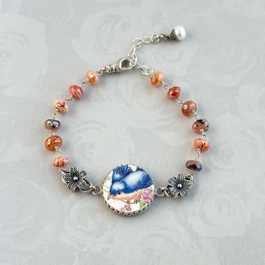 One-of-a-Kind Victorian Blue Bird Bracelet, Unique 20th Anniversary China Gifts for Wife, Vintage China Cottagecore Jewelry