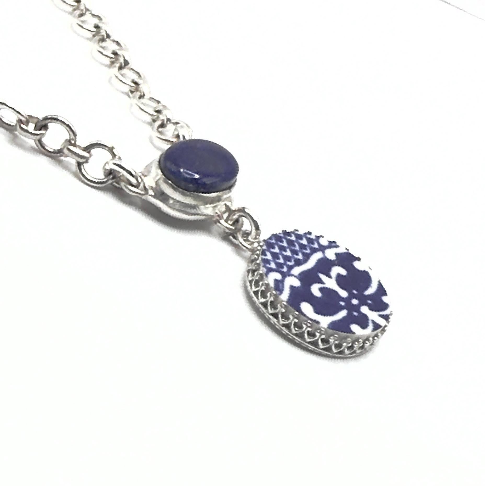 Repurposed Blue Willow China Necklace, 9th Anniversary Lapis Lazuli Gift for Wife, Sterling Silver