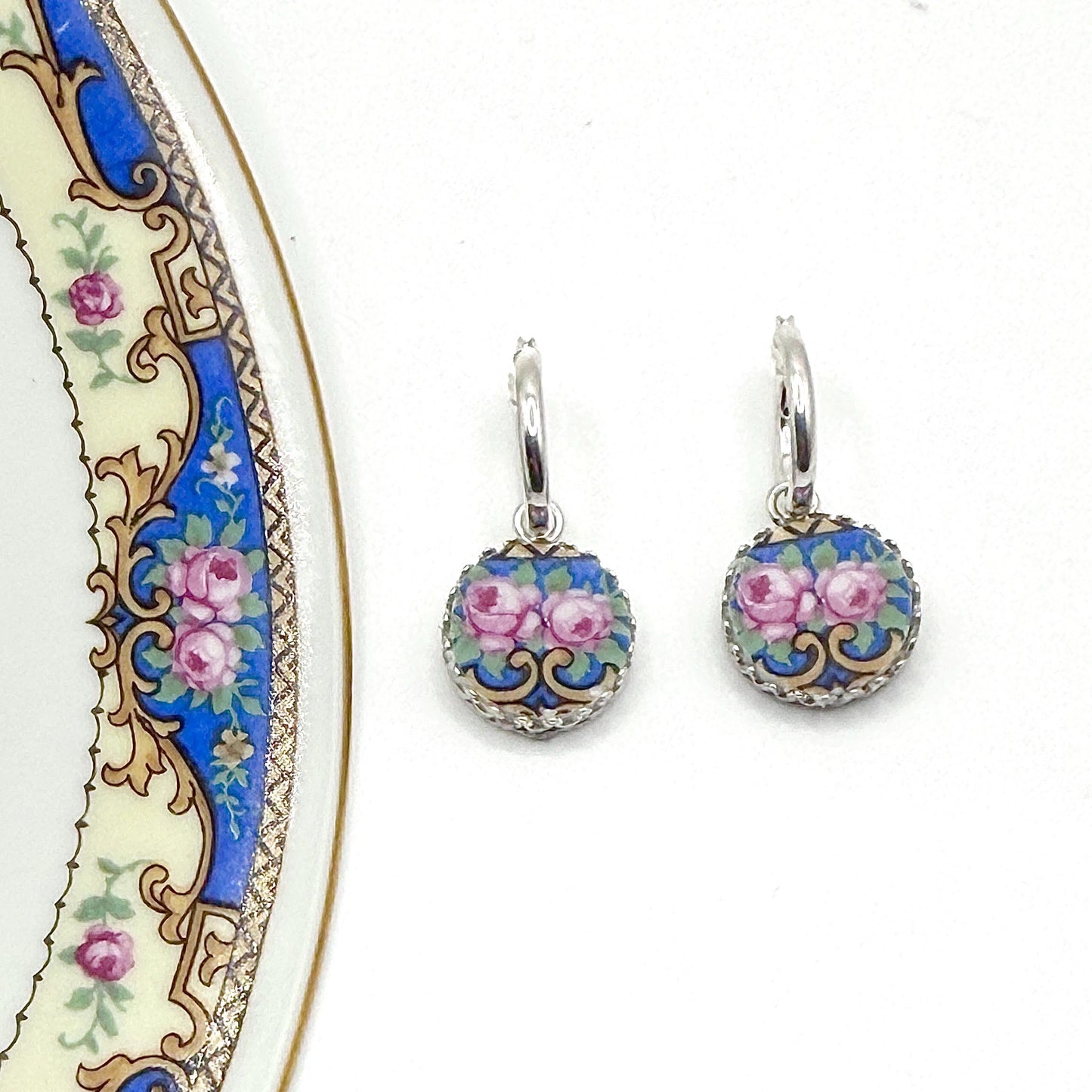CUSTOM ORDER Sterling Silver Hoop Broken China Jewelry Earrings, Anniversary Gifts for Wife, Made From Your China