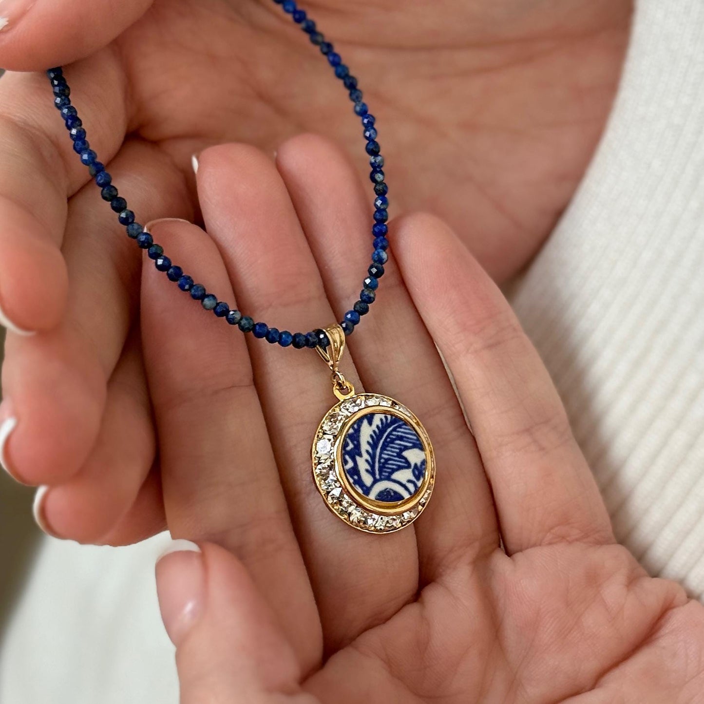 Dainty Lapis Lazuli Gold Crystal Necklace, 1940s Vintage American Blue Willow China, MCM Jewelry