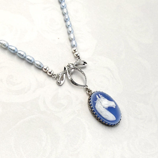Horse Cameo Necklace, Freshwater Pearl Jewelry, Unique Equestrian Gifts for Women, Sterling Silver