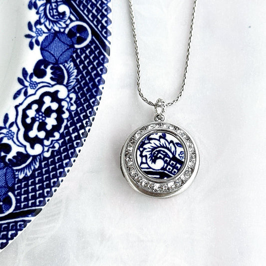 Vintage Blue Willow Locket Necklace, Crystal Photo Locket, 9th Anniversary Gift for Wife