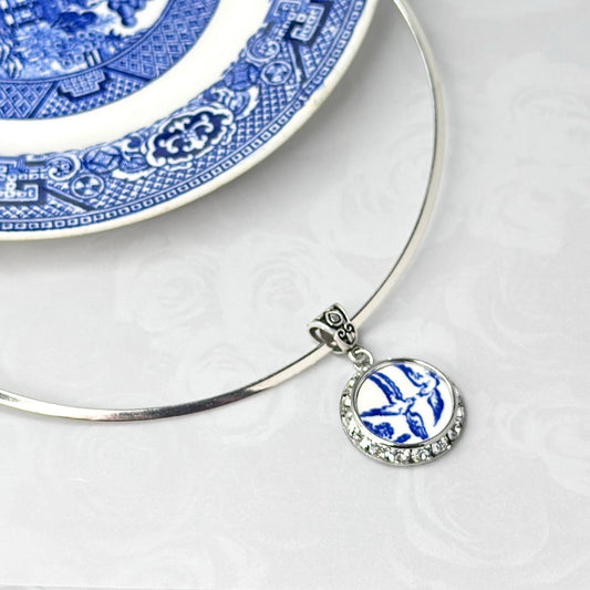 Crystal Choker Necklace, Blue Willow Love Birds Broken China Jewelry, Vintage Style