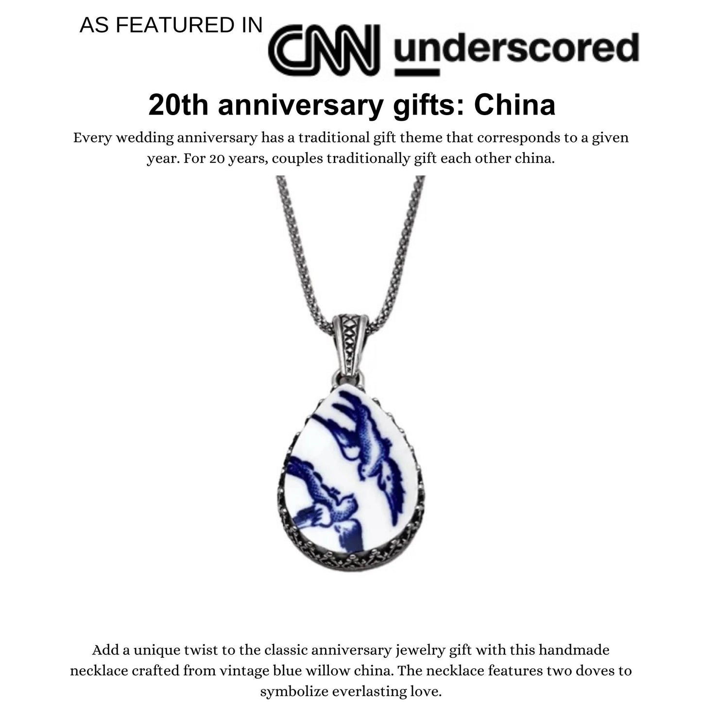 Sterling Silver Love Birds China Necklace, Broken China Jewelry, 20th Anniversary Gift for Wife, Blue Willow Ware Vintage China Jewelry