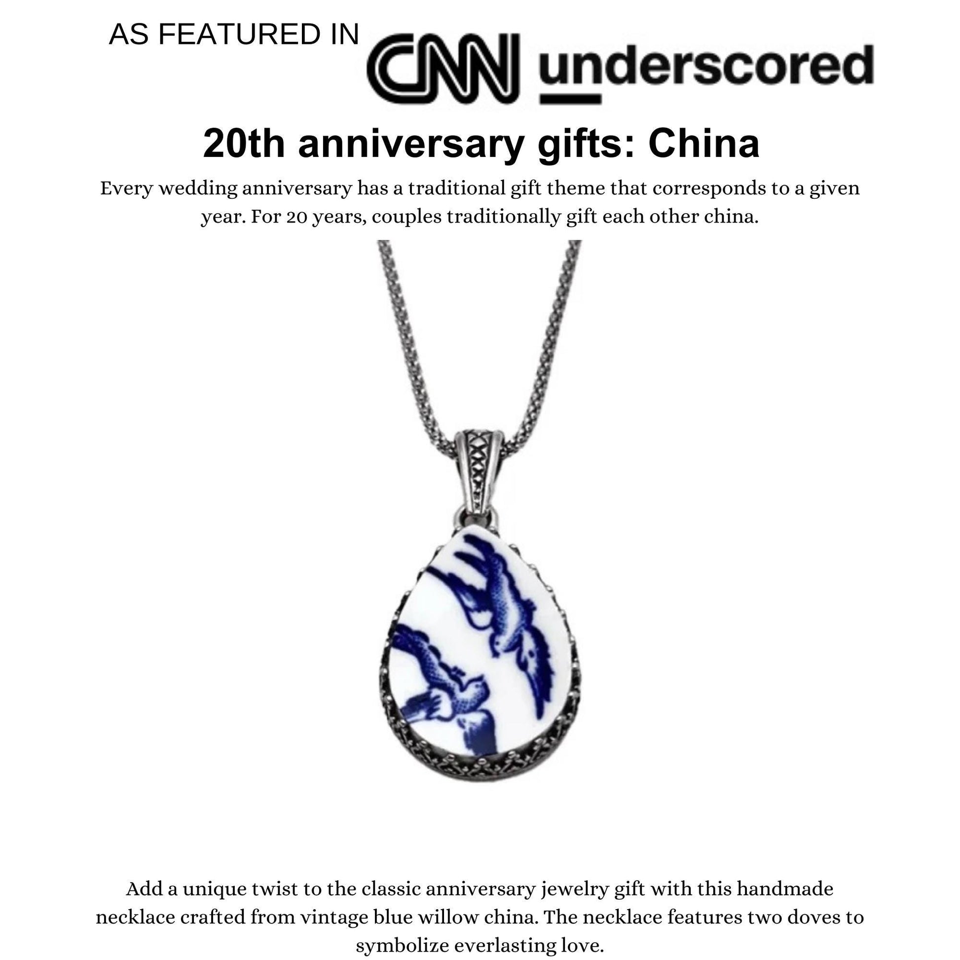 Sterling Silver Love Birds China Necklace, Broken China Jewelry, 20th Anniversary Gift for Wife, Blue Willow Ware Vintage China Jewelry