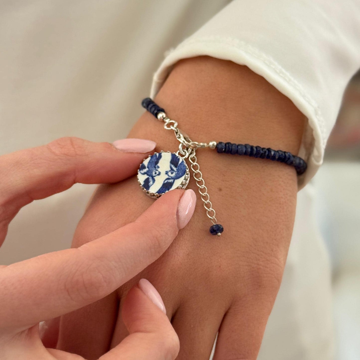 Sapphire and Love Birds Charm Bracelet, Romantic 18th Wedding Anniversary Gifts for Wife, Antique Porcelain
