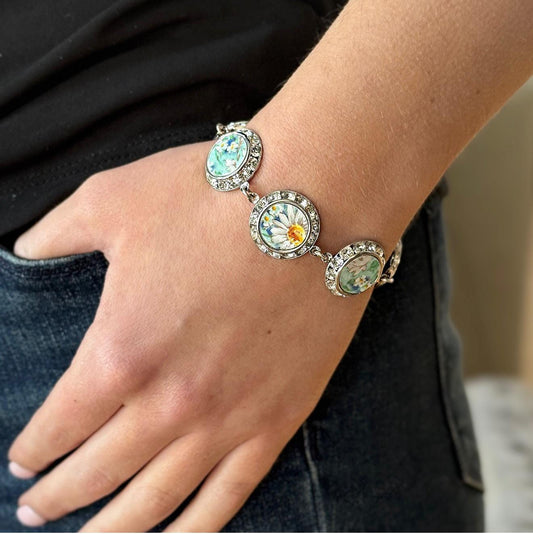 One-of-a-Kind Daisy Charm Bracelet, 20th Anniversary Gift for Wife, Crystal Broken China Jewelry