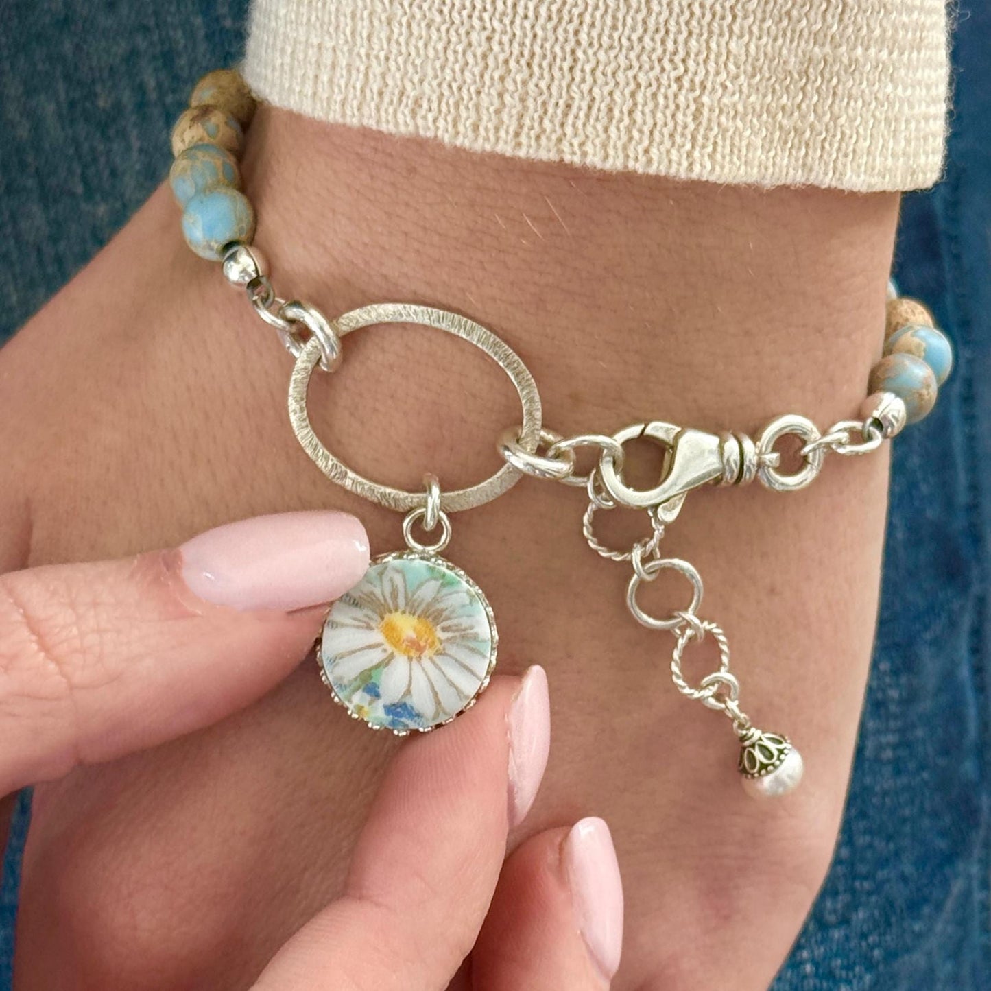 One-of-a-Kind 2nd Anniversary Jewelry Gift for Wife, Natural Jasper Daisy & China Bracelet, Handmade Beaded Gemstone Bracelet