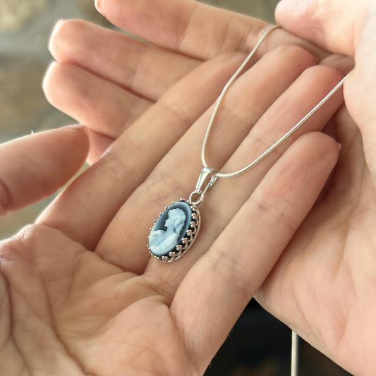 Dainty Vintage Cameo Pendant Necklace, Sterling Silver Victorian Woman Jewelry, Daughter Gift