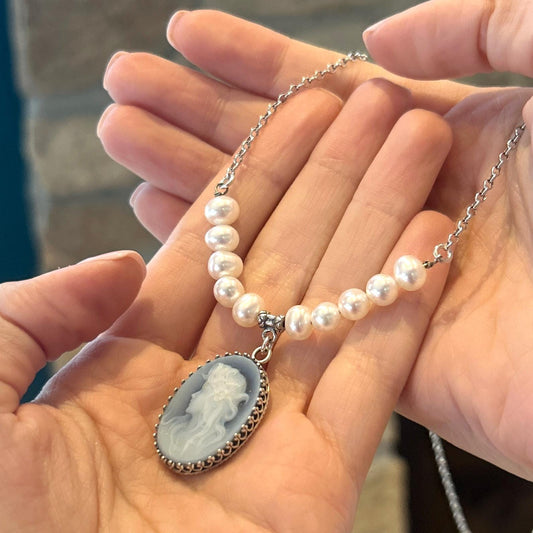 Sterling Silver Blue Cameo Necklace, Victorian Style Jewelry, Freshwater Pearl Gemstone Necklace