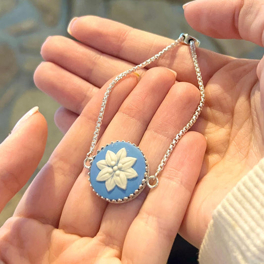 Star Flower Bracelet, Blue Wedgwood Pottery Jewelry, Unique 9th Anniversary Gifts for Wife