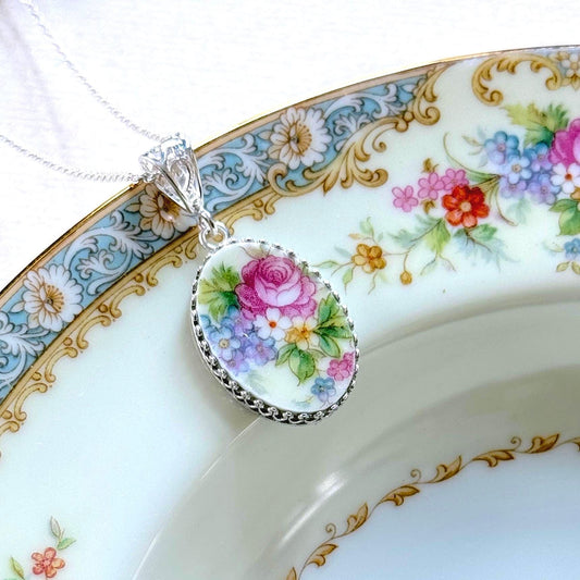 Rose & Forget Me Not Flower Necklace, Broken China Jewelry, Unique 20th Anniversary Gift for Wife, Vintage China Necklace Repurposed Jewelry