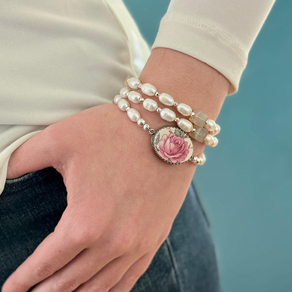 One-of-a-Kind Handmade Pearl Wrap Bracelet, Boho Artisan Unique Bracelet, Sterling Silver, Pink Rose Bracelet