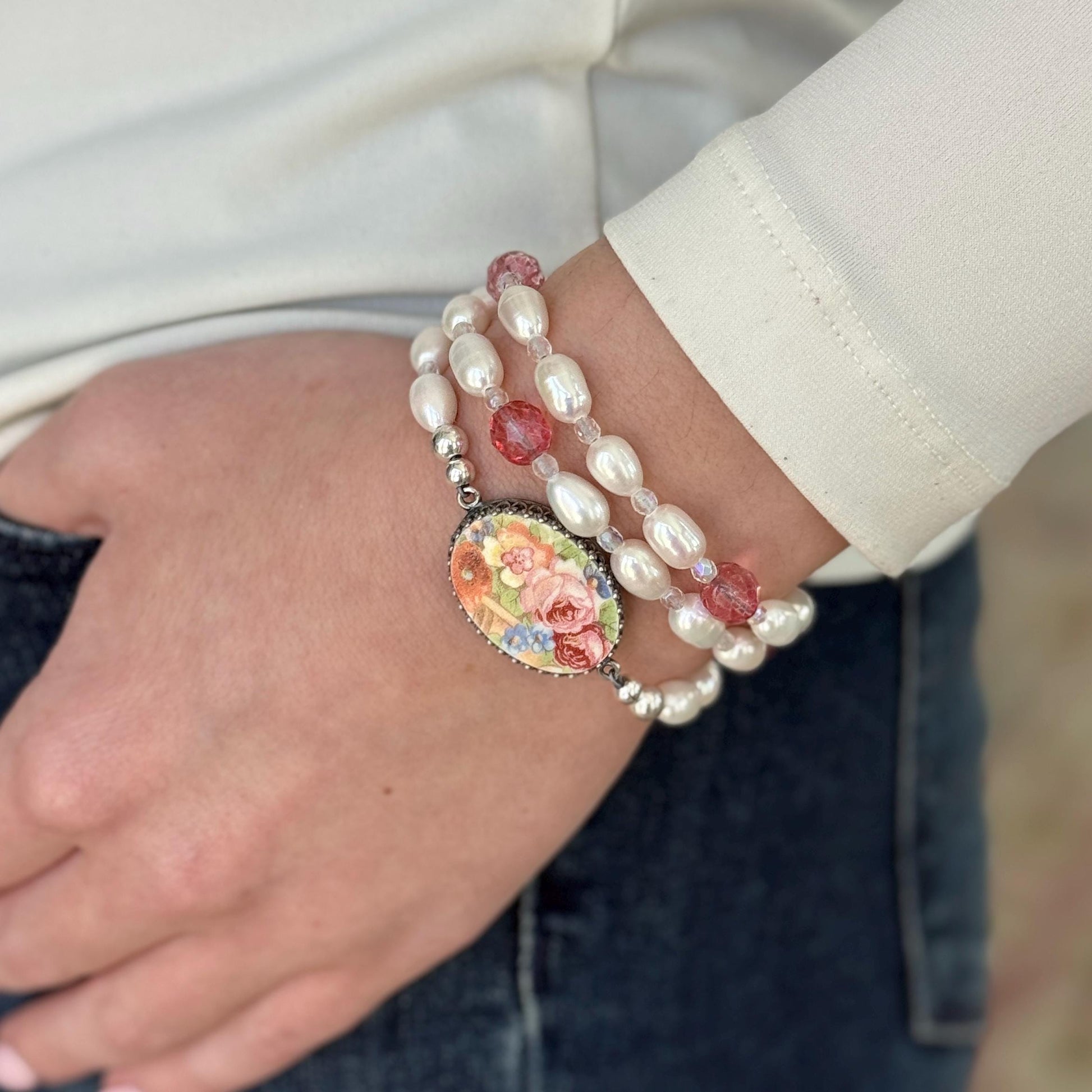 One-of-a-Kind, Forget-Me-Nots, Rose and Poppy, Beaded Pearl Wrap Bracelet, Broken China Jewelry