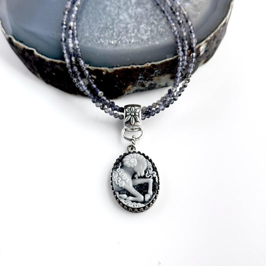 One-of-a-Kind Aries Ram Cameo Necklace, Astrology Birth Sign Jewelry, Sterling Silver and Iolite Stones