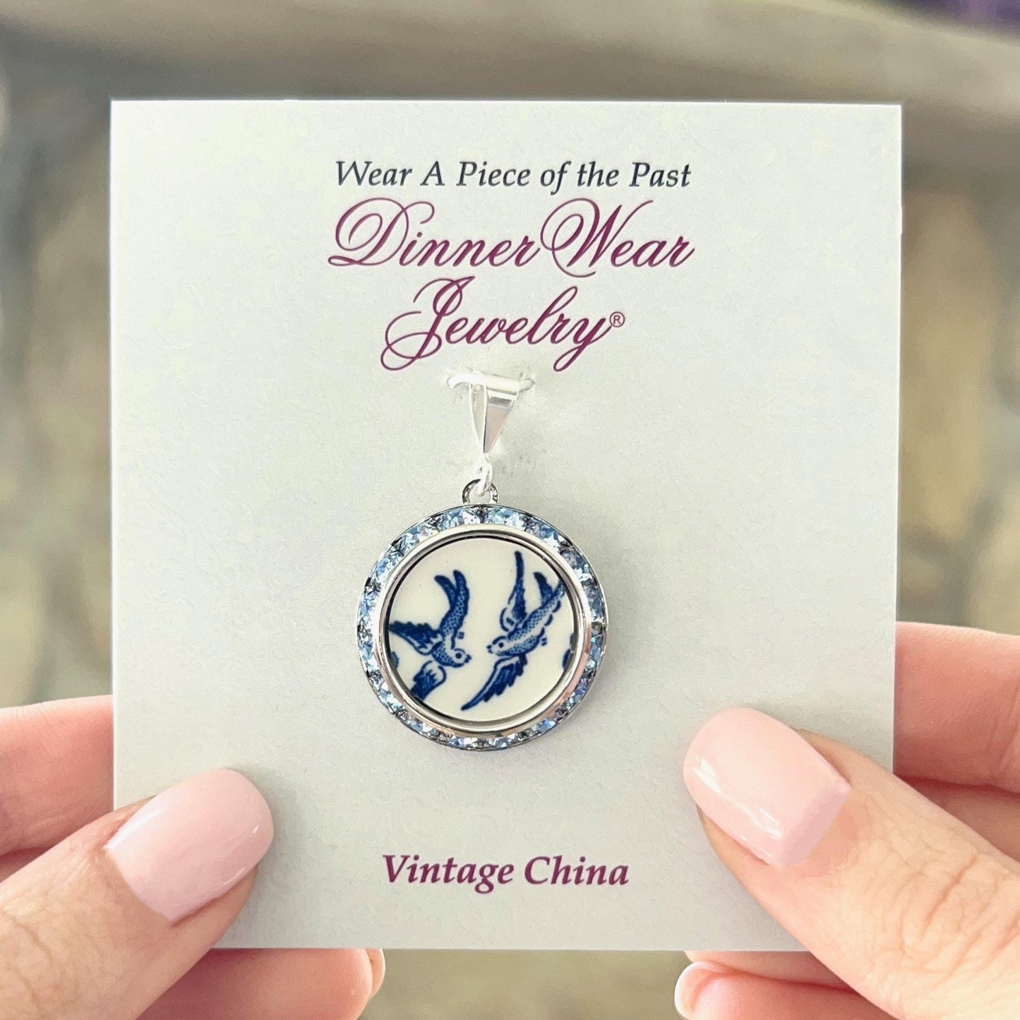 Love Birds 20th Anniversary Gifts for Wife, Blue Willow Vintage China Necklace, Sapphire Blue Crystal Jewelry