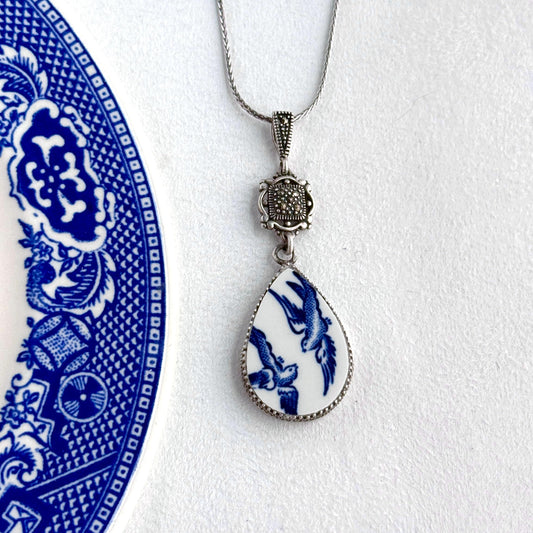 20th Anniversary Gift for Wife, Adjustable Blue Willow China Necklace, Love Birds Teardrop Pendant